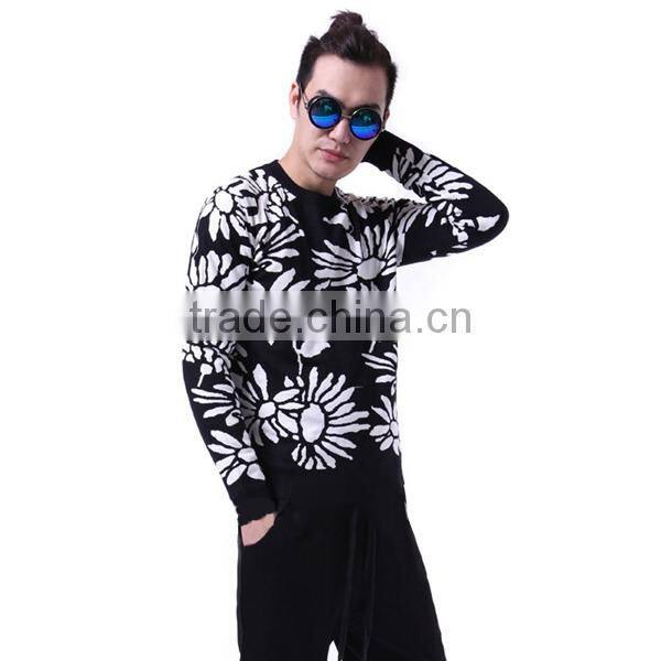Jacquard allover flower patterns crew neck men pullover sweater