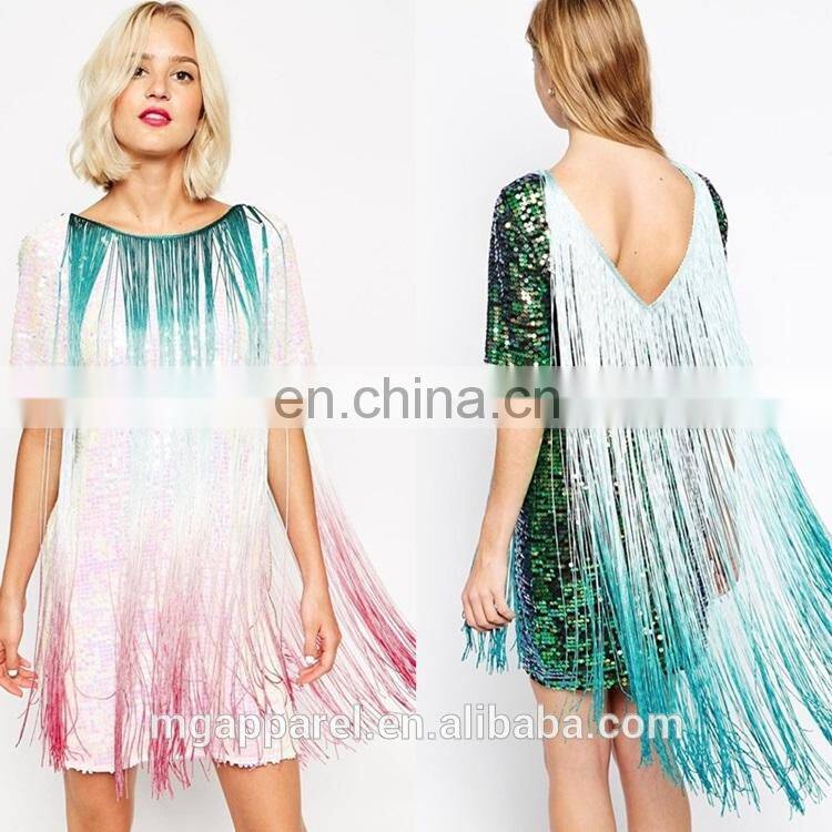 new fashion ladies short sleeves sexy low v-back t-shirt sequin embellished fringe party dress