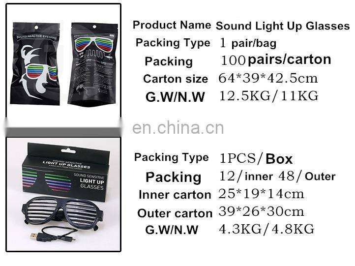Plastic Light Up Sound sensitive glasses with custom color
