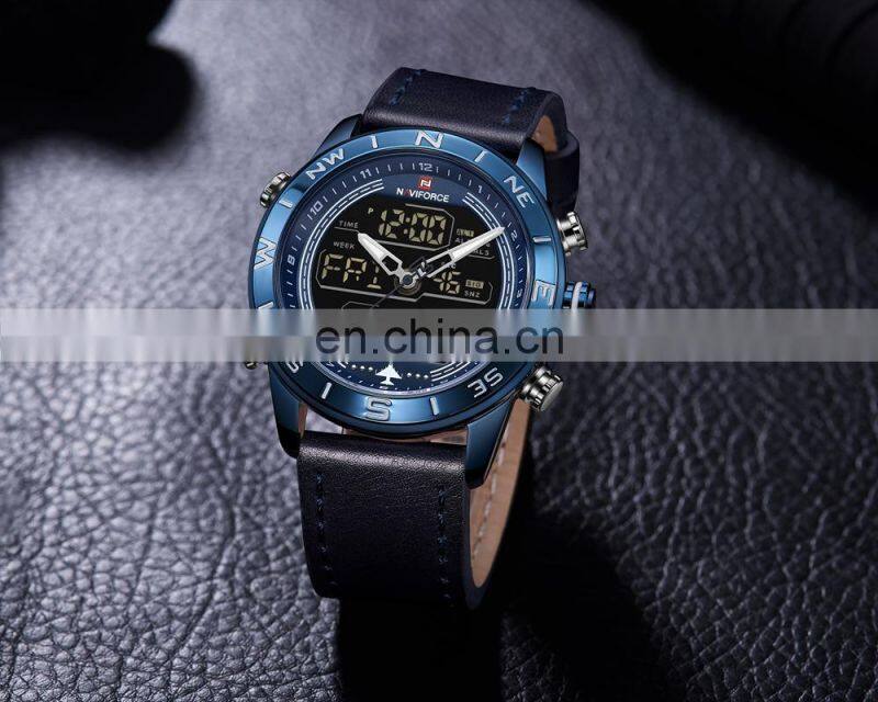 NAVIFORCE NF9144 Men Digital Quartz Movement Watch Simple Style Leather Band Watch Luminous Week Date Month Display