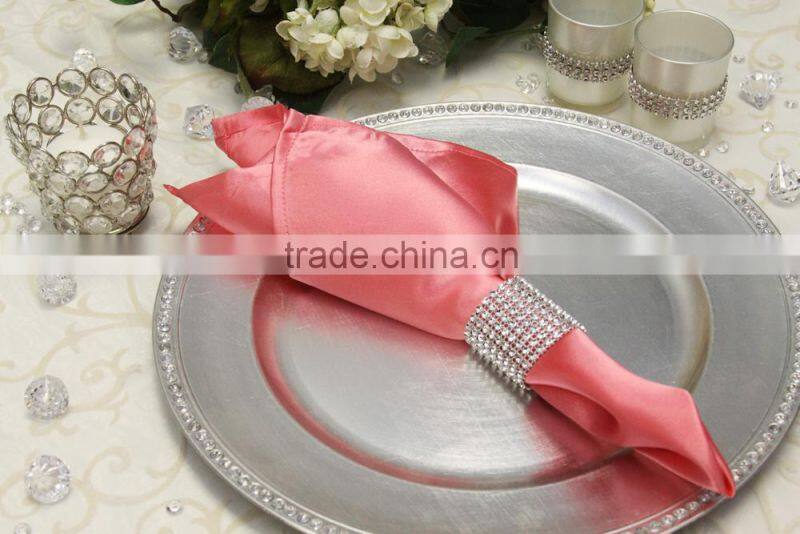 Polyester satin table napkin with ring for wedding, light guava color