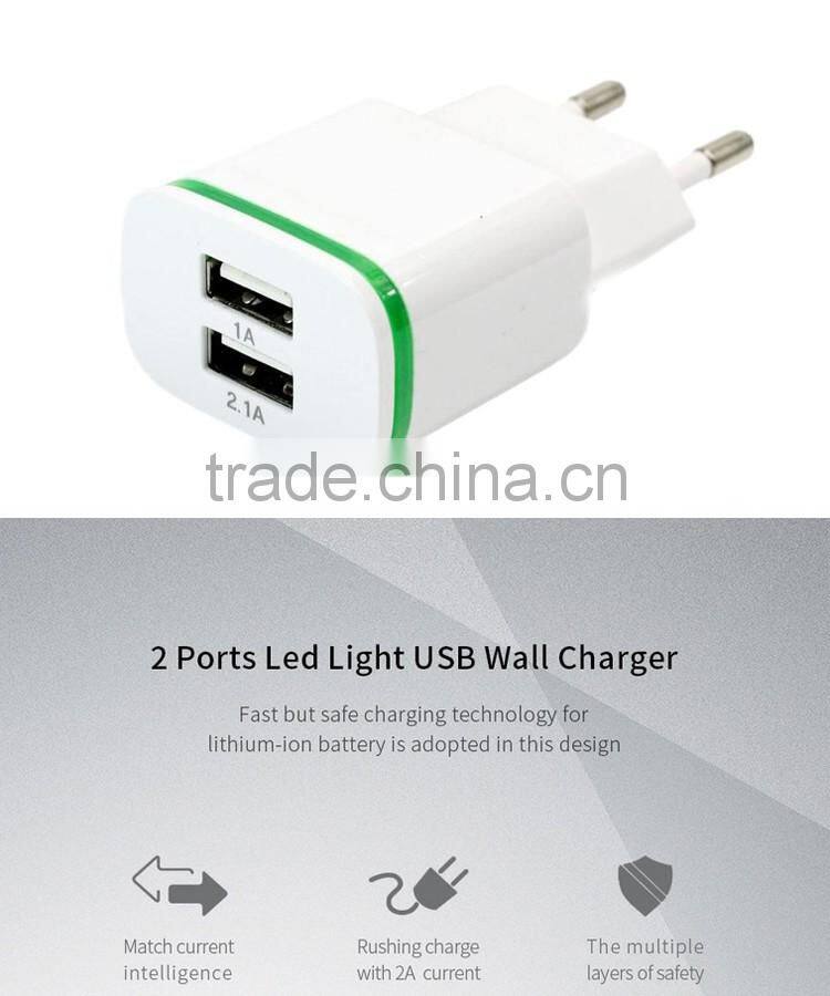 Universal 5V 2A EU AC Travel LED Light dual USB Wall Charger for iPhone 6 6S for Samsung Galaxy S5 S6 S7 Cell Phones Adapter