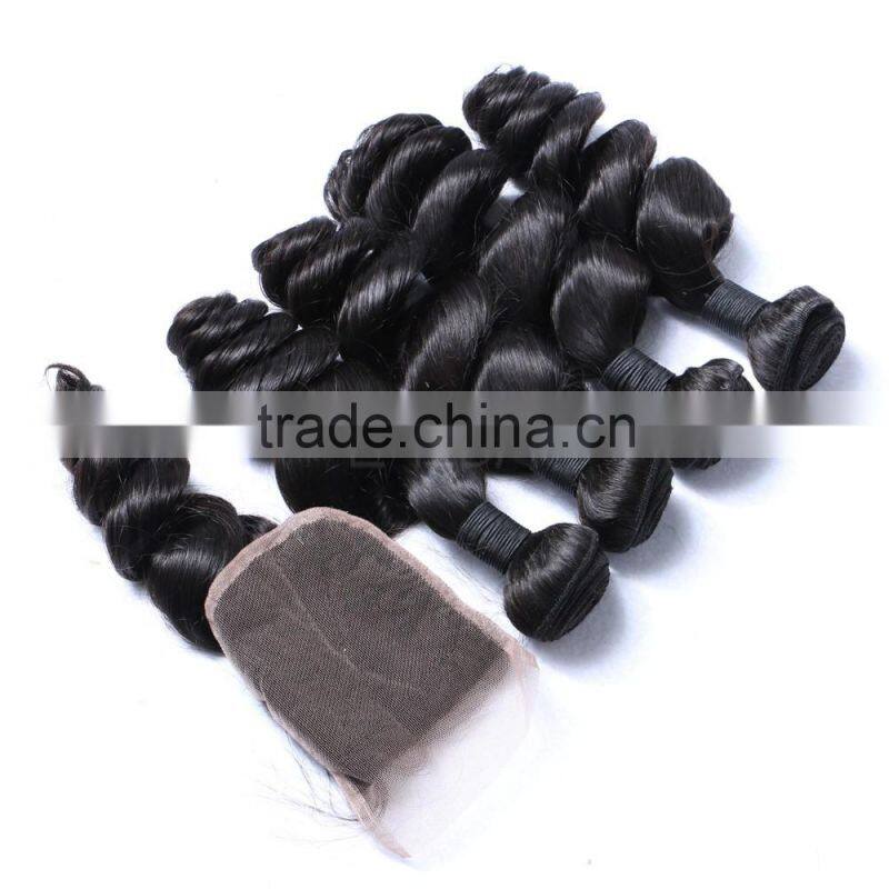 Mongolian virgin loose curly 3 bundles hair weaving with silk base or lace closure frontal