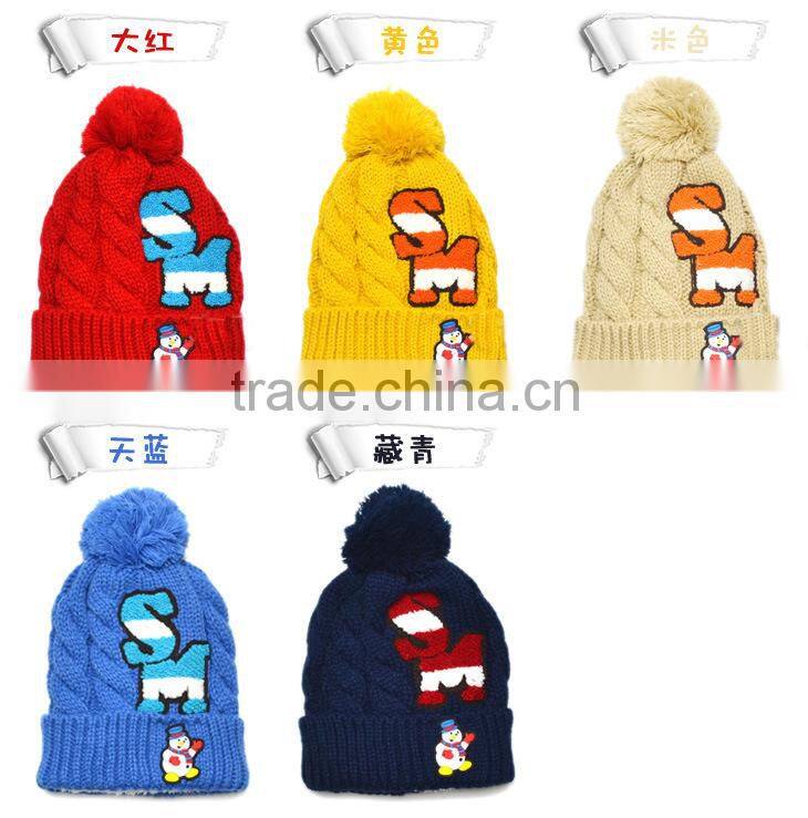 2015 Newest Letter SM Snowman Style Polar Fleece Inside Wool Knitted Baby Girl Winter Cap