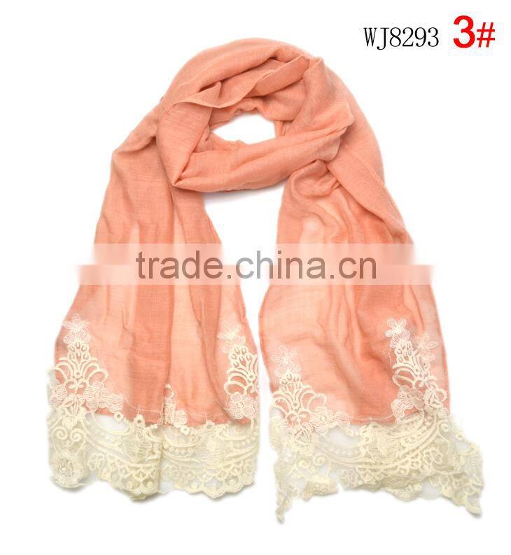 2015 Autumn Winter Newest Embroidery Floral Lace Sewed Cotton Baby Girls Scarf