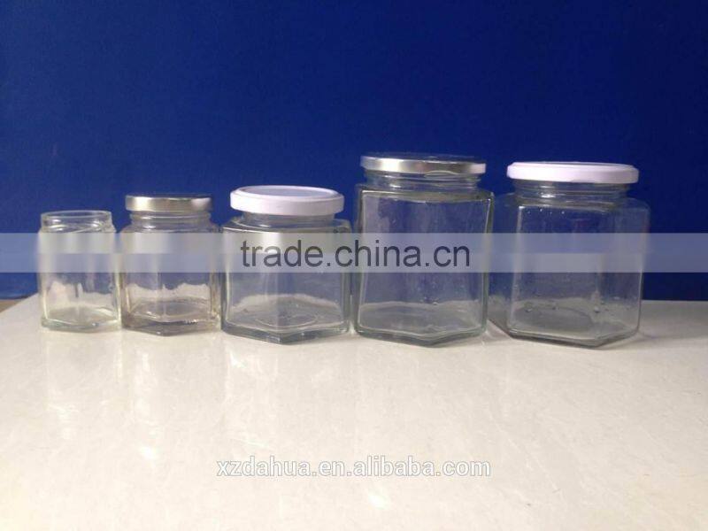 empty hexagon glass honey jar with metal lid 45ml 80ml 120ml 180ml 280ml 380ml