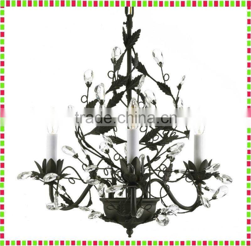 BLACK IRON CHANDELIER/ CHANDELIERS LIGHTING/ WITH FACETED CRYSTAL LEAVES