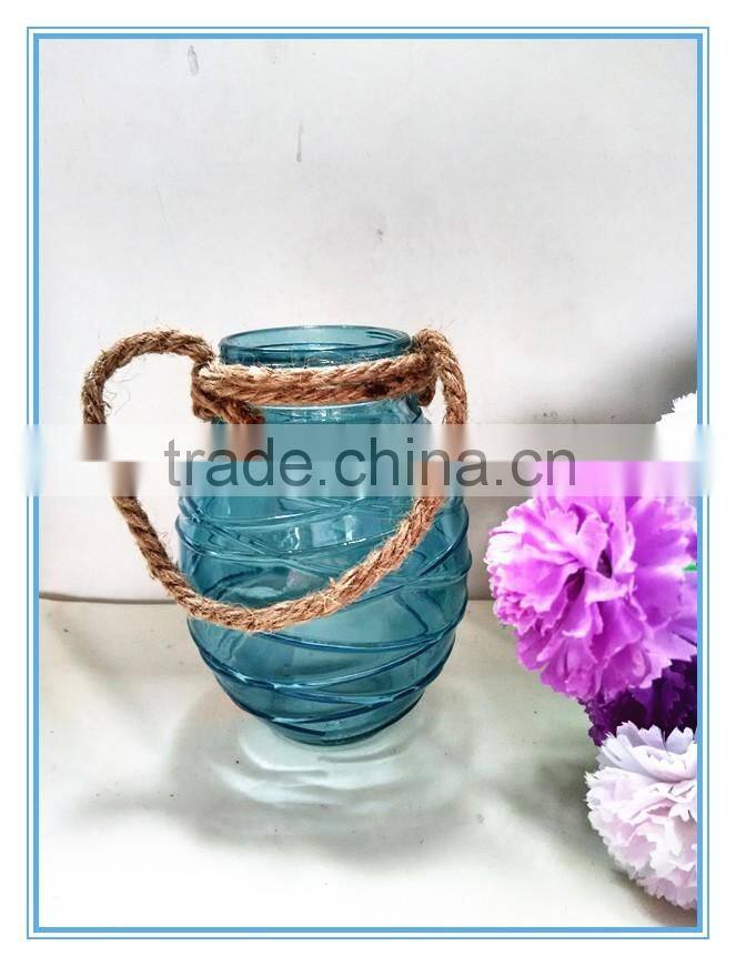 2016 Hot sale color flower vase/glass candle holder with rope handle