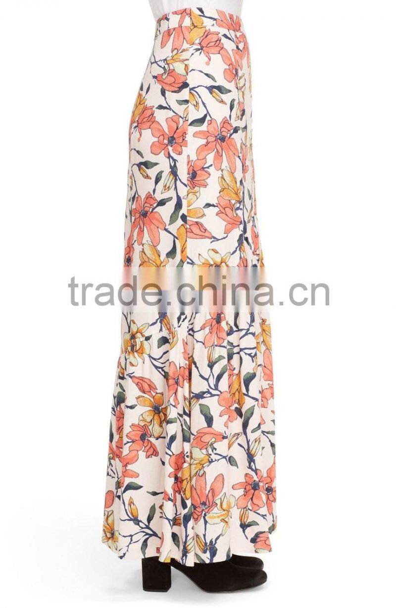 Alibaba hot sell flower print front split maxi skirt fancy skirt top designs