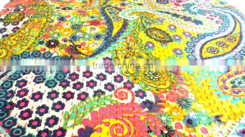 RTHKG-9 Designer Paisley Printed Cotton Fabric Vintage Bedspread Wholesaler Handmade Stitching Gudri Throw Kantha Jaipur