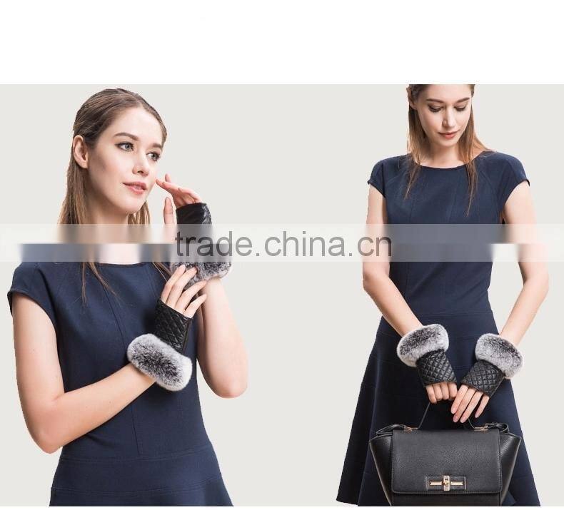 Fingerless Gloves Sheepskin gloves mittens With Rex Rabbit Fur Trim For Winter Lady