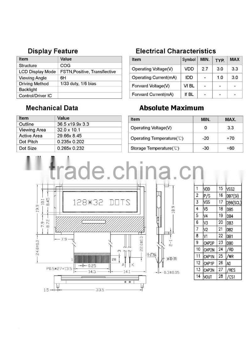 FSTN 128x 32 Positive /Transflective COG Module