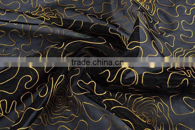 black gold 100% silk organza embroidered tulle fabric