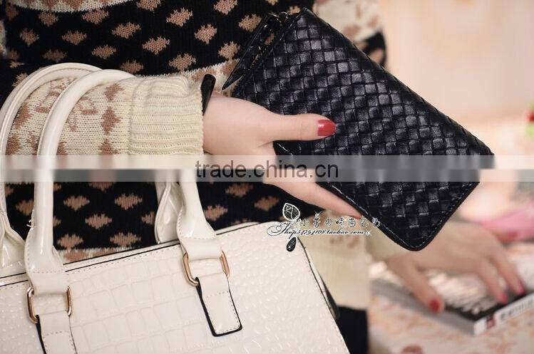 New Korean Weave Quilted Lady Long Zipper PU Leather Purse Stylish Girls Clutch Wallet Zip Around Fashion Change Purse