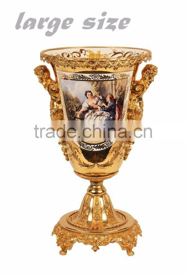 European Character Design Decorative Porcelain Flower Vase With Bronze Side Handles, Enamel Ceramic and Brass Golden Vase