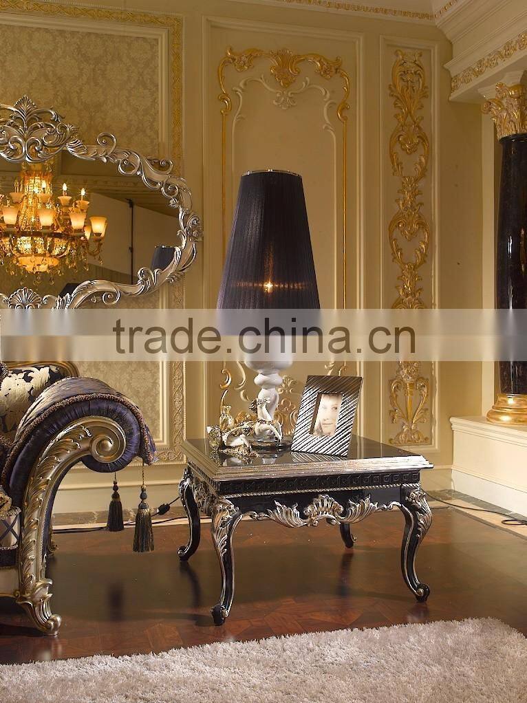 Unique Design Fine Carved Silver Foil Sofa Set, Printed Purple Color Wide Arm Sectional Sofa Set