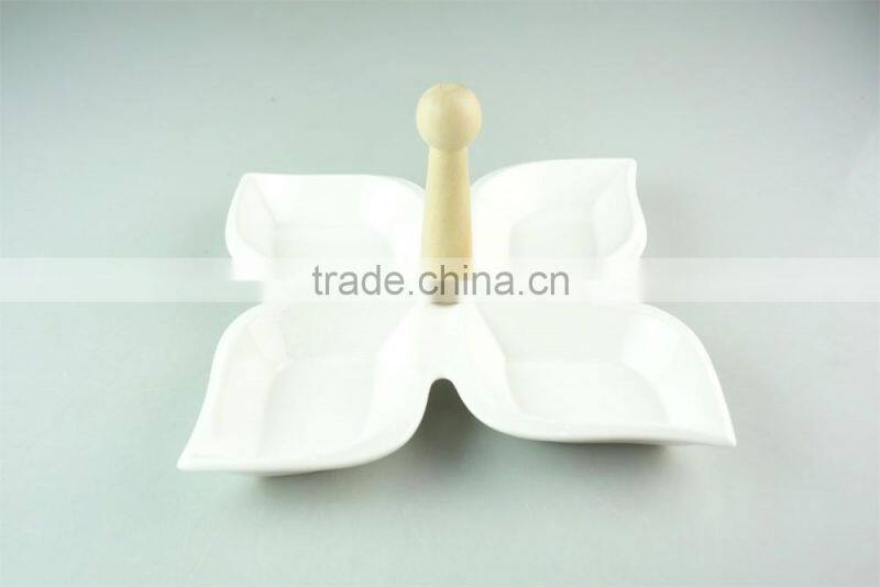 High quality ceramic divided plate with wooden handle candy fruits serving plate