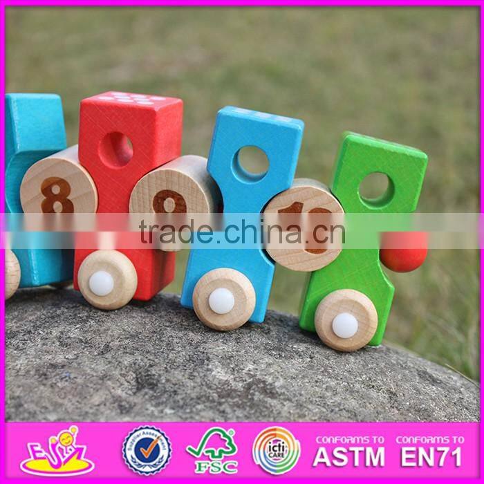 2016 new design educational number and blocks wooden pull toy car W05C079