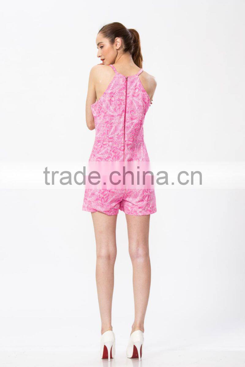 2015 New Arrival Sleeveless Peach Floral Lace Metallic Strappy Woman Playsuit