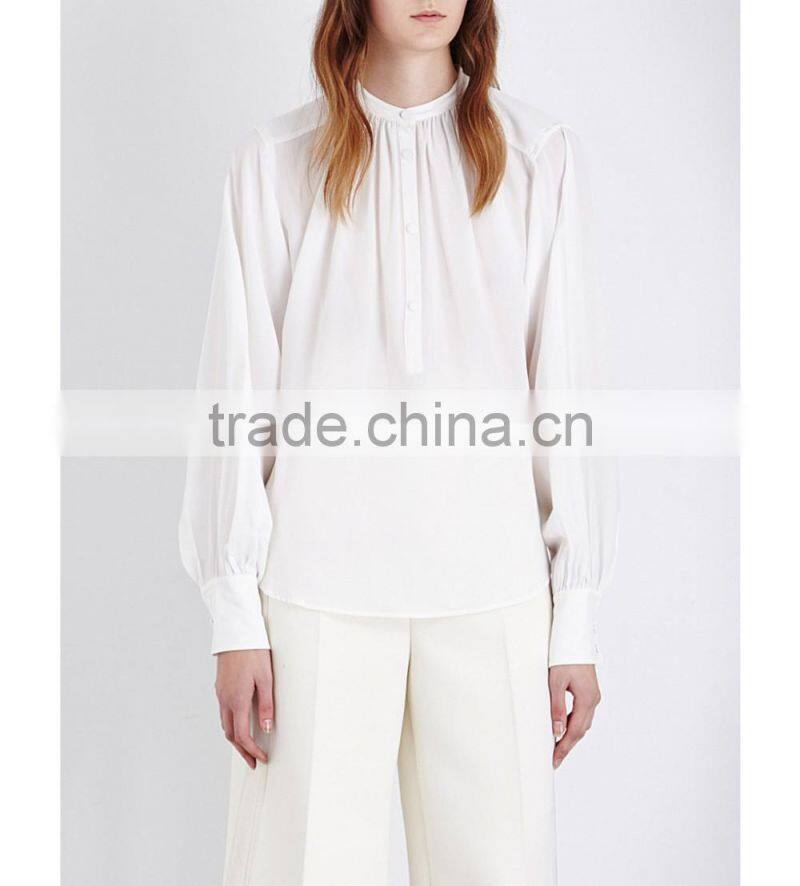 Wholesale Women Fashion Band Collar Long Sleeves White Pleated Silk Crepe De chine Blouse(DQE0156T)