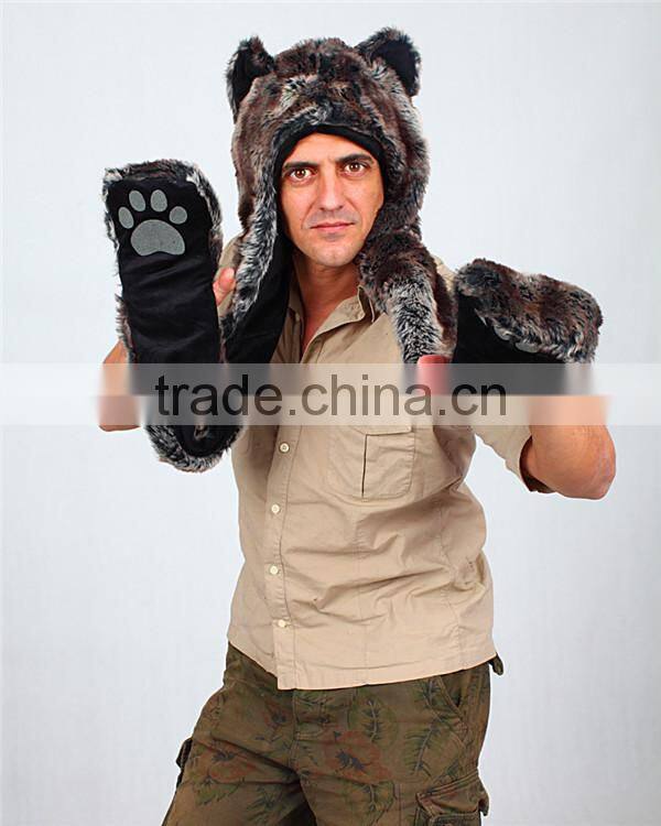 Fashion faux fur animal hooded scarf slouch beanie winter hat