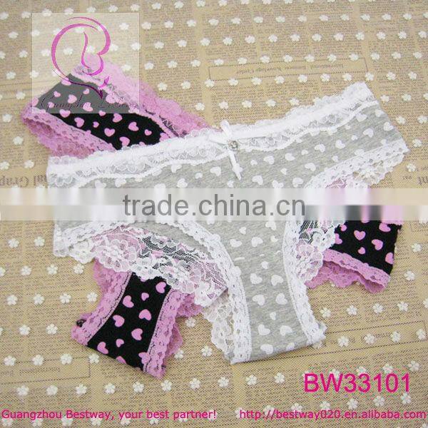 Sex images fashion cheeky panty printed sweet heart with lace & heart rhinestone