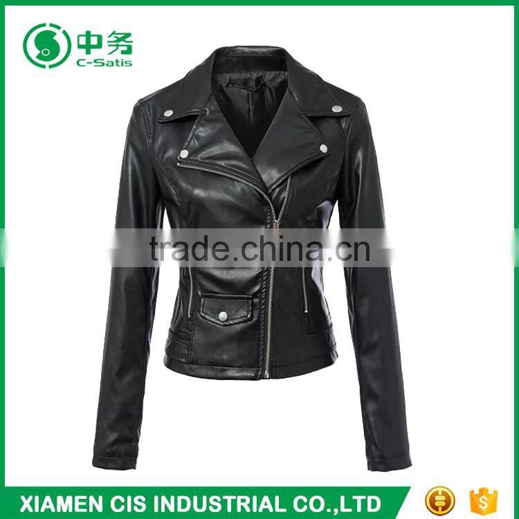 Morden Style Cheap Price Ladies Fancy Slim Fit Black Leather Jacket
