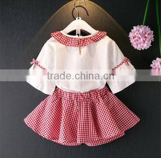 Kids Clothes Speaker Sleeve White Shirt Round Collar Match Gingham Skirt Short Pants Fashion Clothing Set For Children