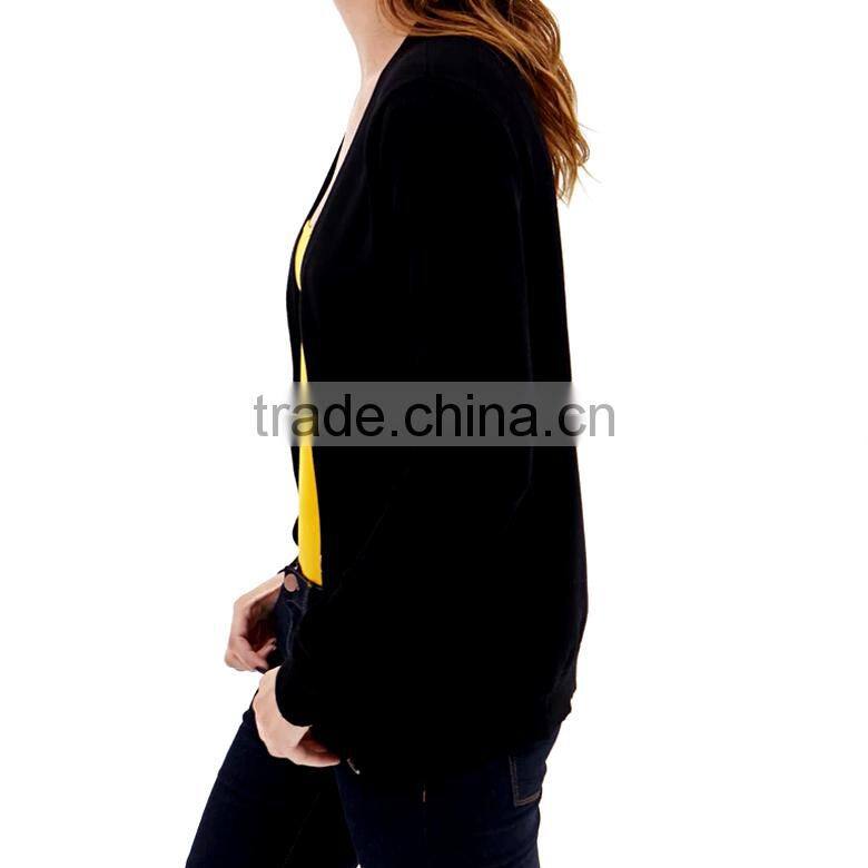 preppy style v neck button up black ladies cardigans with front patch pockets
