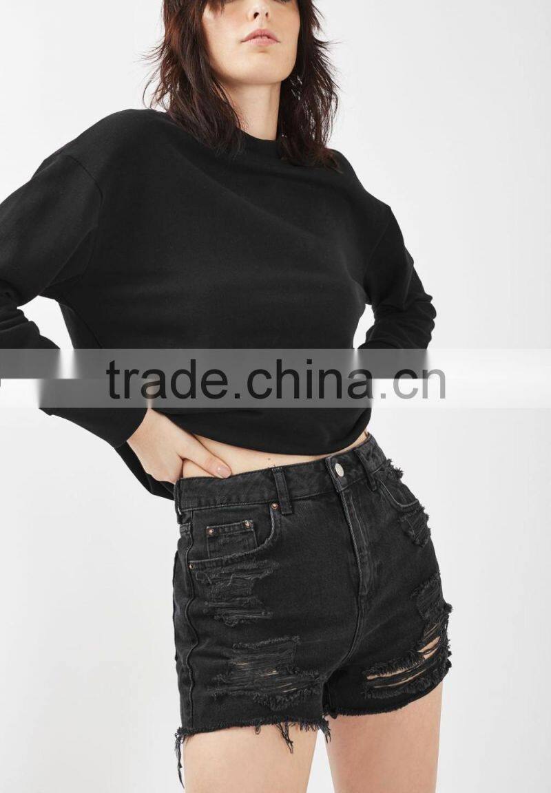 Women Fashionable Wearing Black Distressed High Waisted Denim Shorts