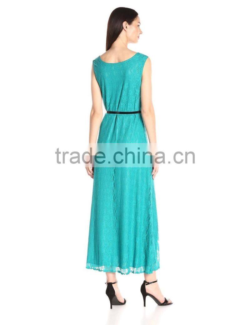 Women's Sleeveless Lace Skater Maxi Dress with Belt