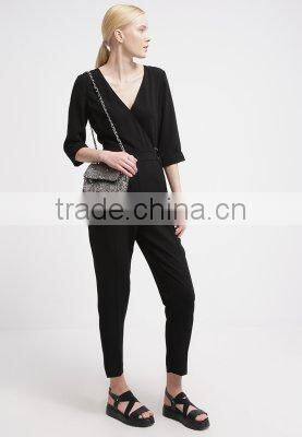 Casual black v-neck with belt one piece suit design trousers