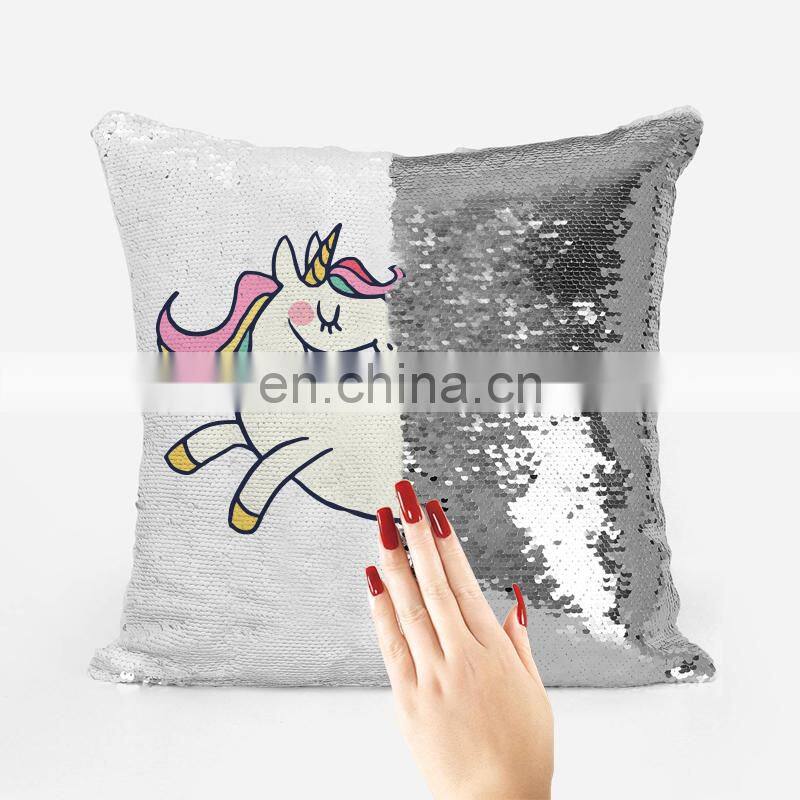 Hot sale custom fabric cushion cover beautiful travel mermaid sequin pillow Unicorn custom pillow Magic sequin emoji pillow