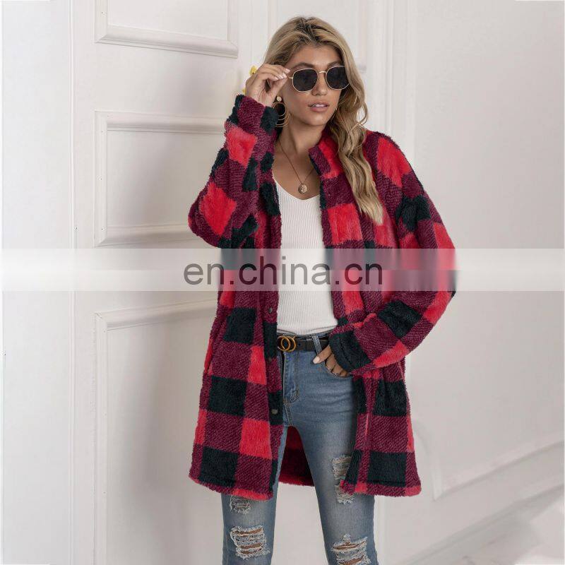 2021 autumn and winter new European and American women's Amazon plush plaid long coat plush coat
