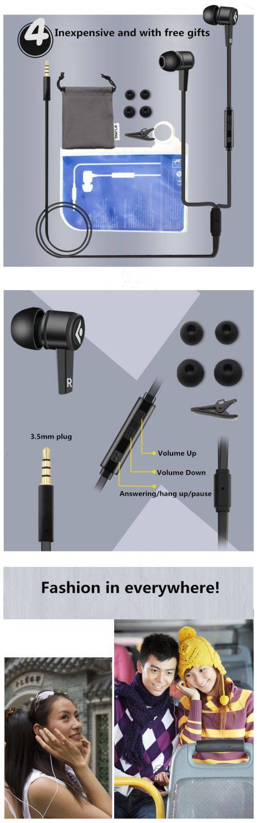 3.5mm connector for mobile phone in-ear wired plastic earphone stereo sound headphone with mic and volume control
