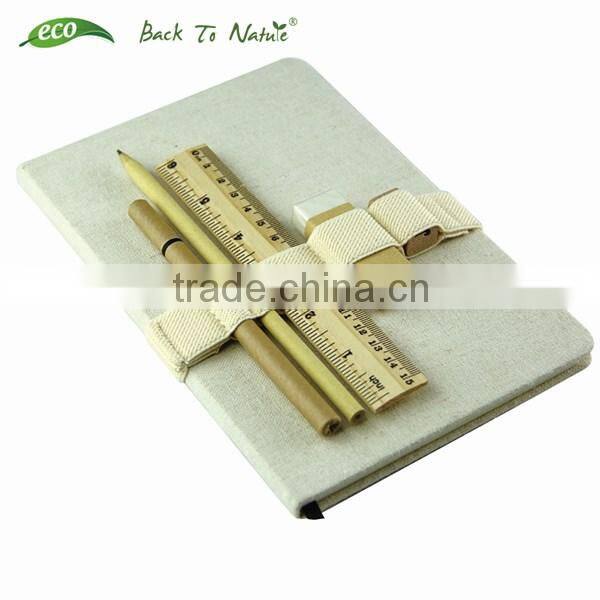 Eco Fabric Covered Recycled Notebook in Bulk with pen attached