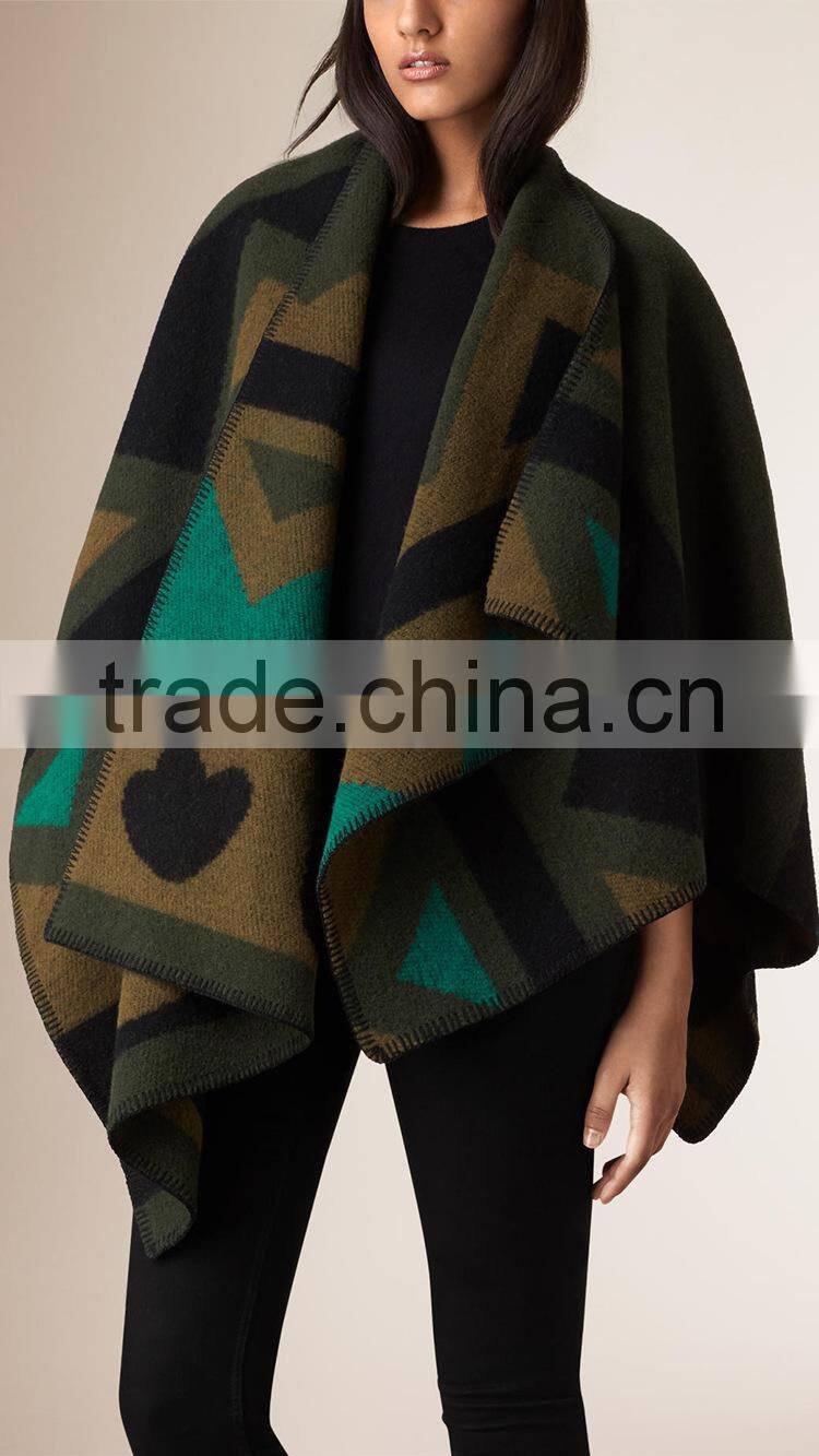 High Quality Korean Fashion Geometry Green Woman Wool Poncho Shawl