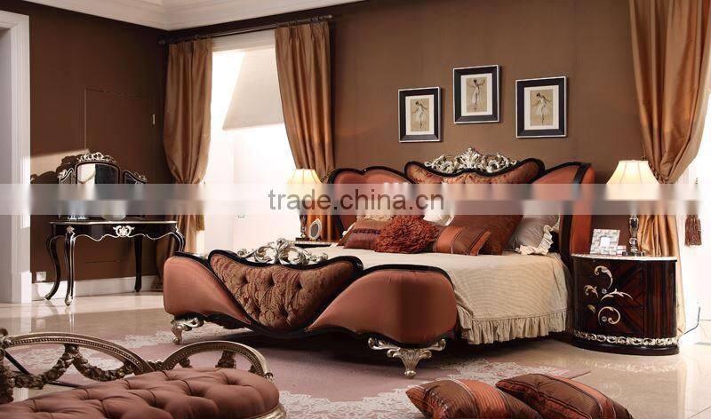 Neoclassic design double bed solid wood bed with polishing leather convex carve flower AK-7073