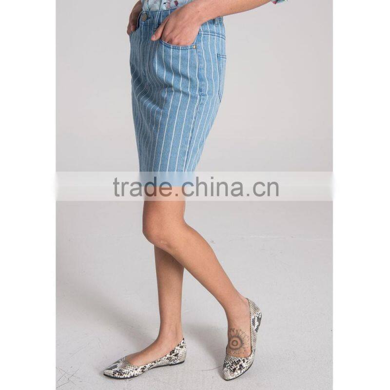 Fashion classic stretch elegant blue vertical stripes midi denim pencil skirt for lady