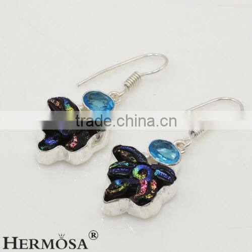Hermosa Newon Dichroic Glass Blue Topaz Gemstone Sterling Silver Hook Earring