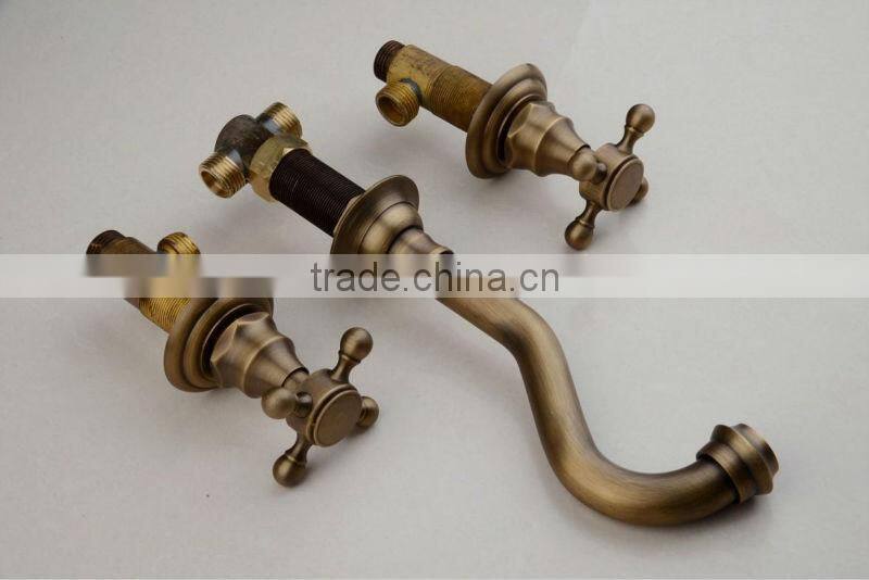 Double Handle 3 Hole Antique Wall-mounted Brass Copper Basin Faucet Tap QH001-22A