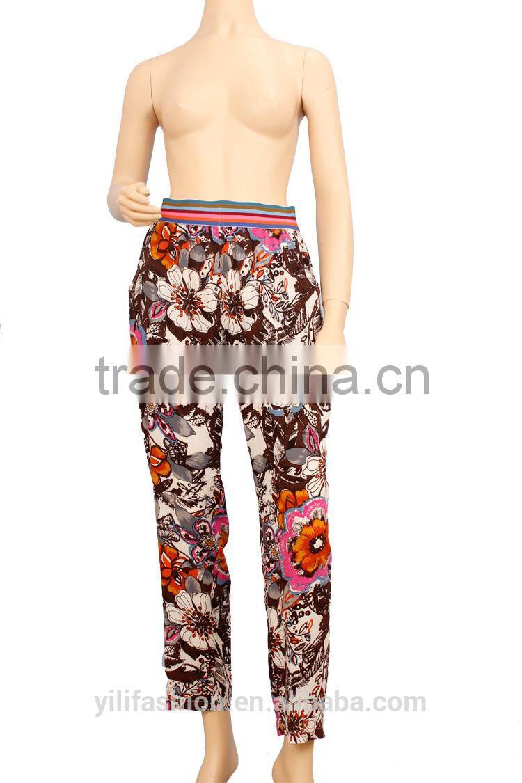 women rib waisted casual pants 100% rayon print trousers tropical floral ninth pants