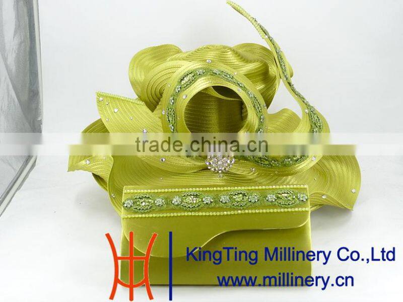 Green Wholesale Handmade Ribbon Satin Hats With Purse Together