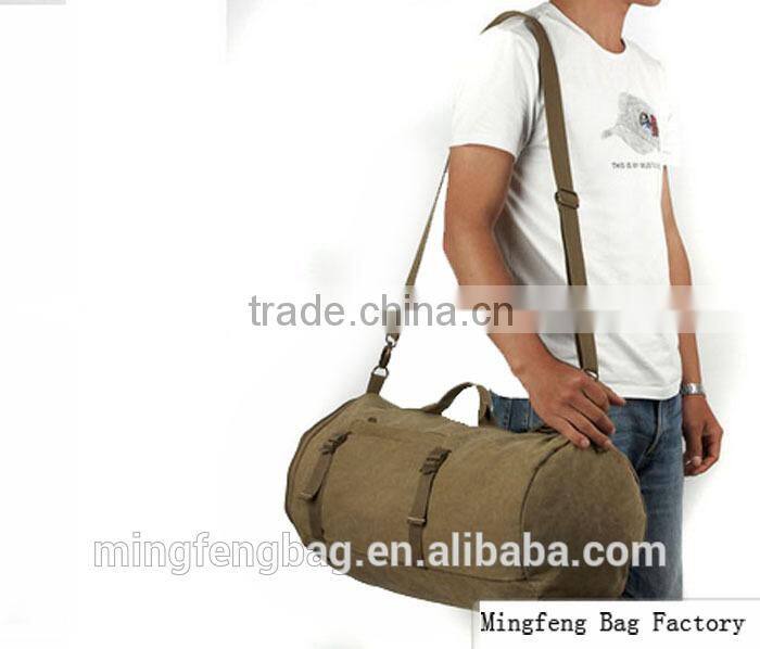 Men Vintage Canvas Leather Hiking Travel Cylinder Messenger Tote Bag Backpack