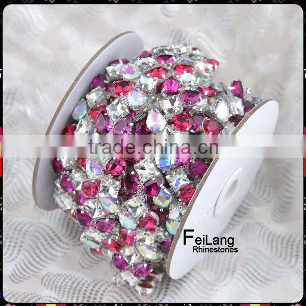 Feilang fuchsia color and rose color fancy stones chain,wedding dresses accessories