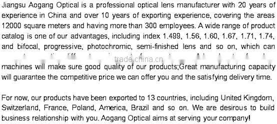 1.61 high impact resistant aspheric blue block/cut HMC EMI plastic lenses