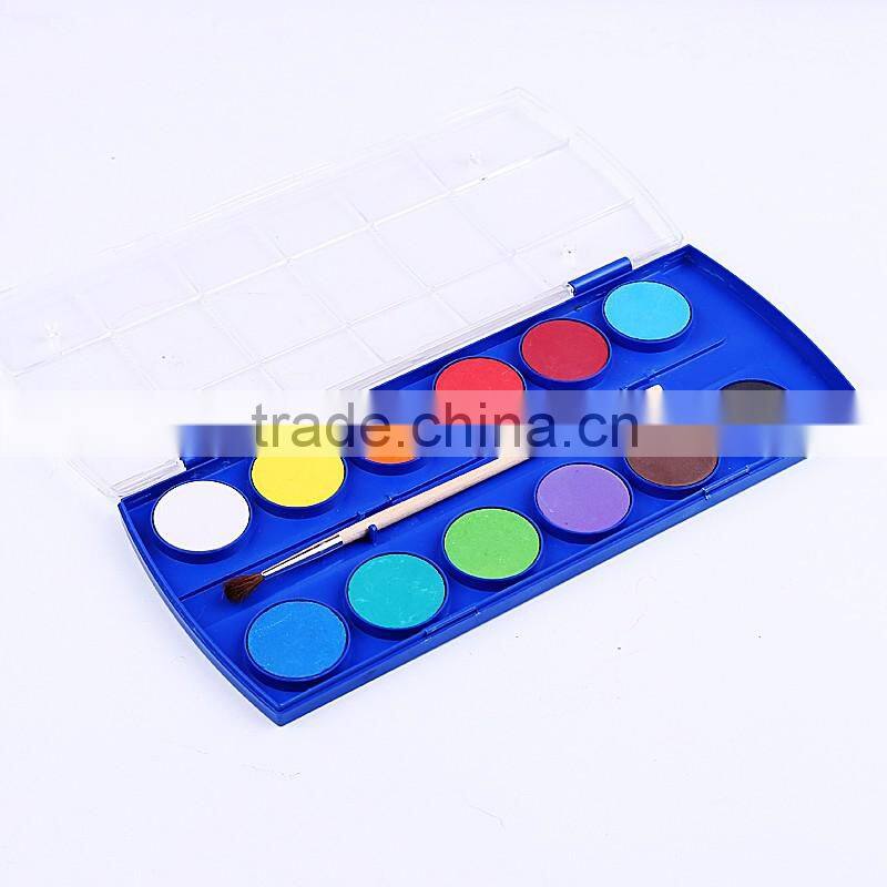 High Quality Kid School Art Material Stationery With Wood Horse Brush 12 Color Watercolor Set, 12 Color Watercolor Palette