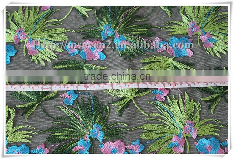 Top fashionable colorful leaves embroidered lace fabric dresses fabrics