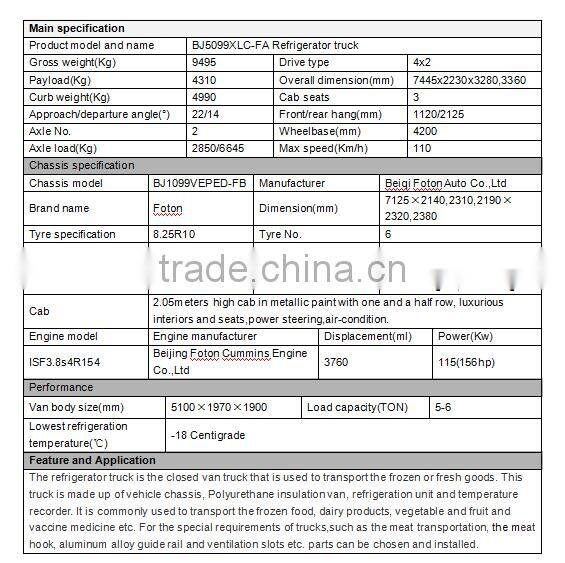 FOTON OLLIN 6 ton refrigerated truck