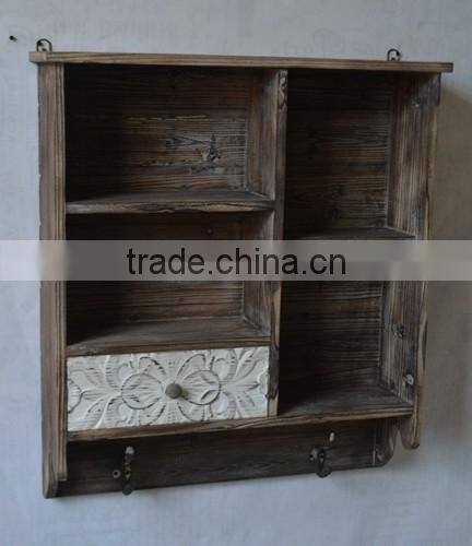 2016 Newest Distressed wood wall shelf with hooks wall mounted shelf with drawer